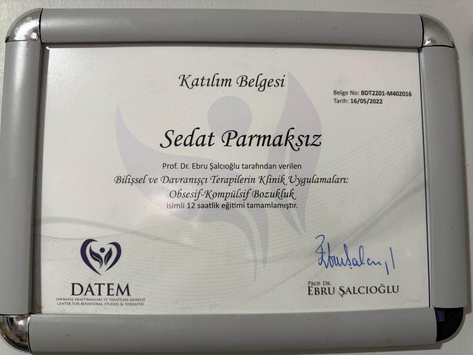 Klinik Psikolog Sedat Parmaksız sertifika 5 - BDT, EMDR, çift terapisi ve klinik psikoloji sertifikaları